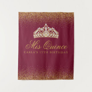 Burgundy and Gold Glitter Quinceanera Tapestry
