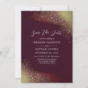 Burgundy And Gold Glitter Save The Date Card