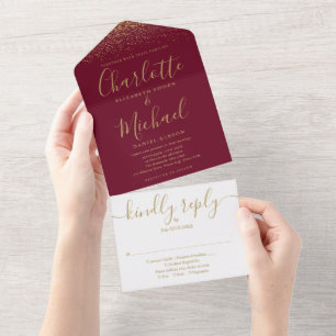 Burgundy And Gold Glitter Script Wedding All In One Invitation