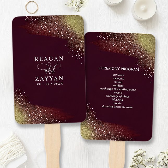 Burgundy And Gold Glitter Wedding Program Hand Fan (Creator Uploaded)