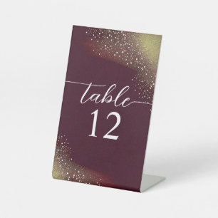 Burgundy And Gold Glitter Wedding Table Number Pedestal Sign