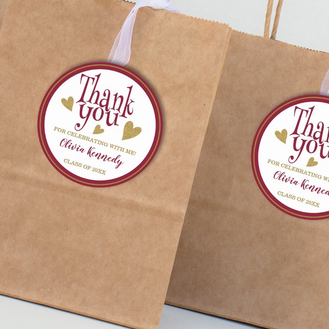Burgundy And Gold Graduation Party Thank You   Classic Round Sticker (Burgundy And Gold Graduation Party Thank You Classic Round Sticker
)
