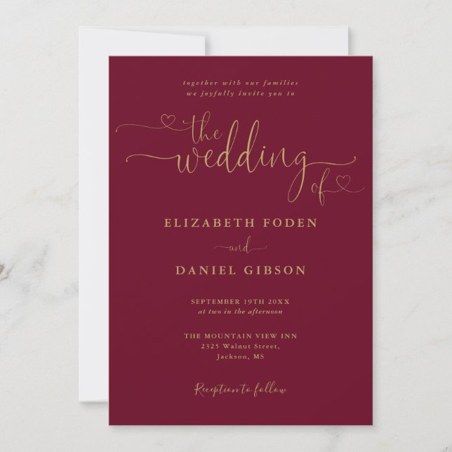 Burgundy And Gold Heart Script QR Code Wedding Invitation (Front)