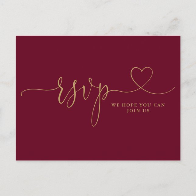 Burgundy And Gold Heart Script Song Request RSVP  Invitation Postcard (Front)