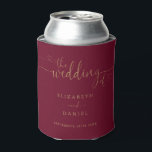 Burgundy And Gold Heart Script Wedding Can Cooler<br><div class="desc">This elegant burgundy and gold wedding design can be personalised with your celebration details set in chic typography. Designed by Thisisnotme©</div>