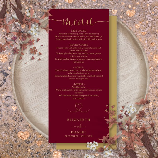 Burgundy And Gold Heart Script Wedding Dinner Menu (Burgundy And Gold Heart Script Wedding Dinner Menu)