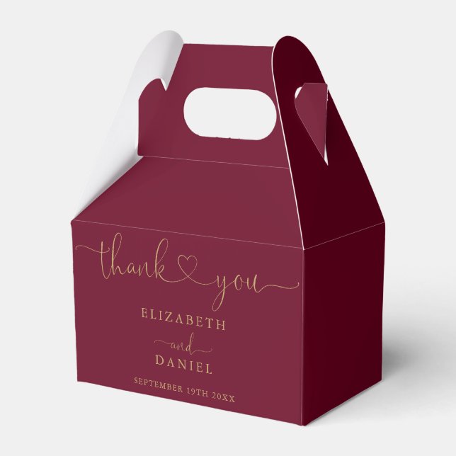 Burgundy And Gold Heart Script Wedding Favour Box (Front Side)
