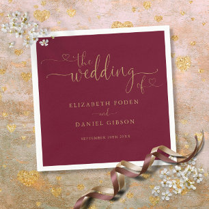 Burgundy And Gold Heart Script Wedding Napkin