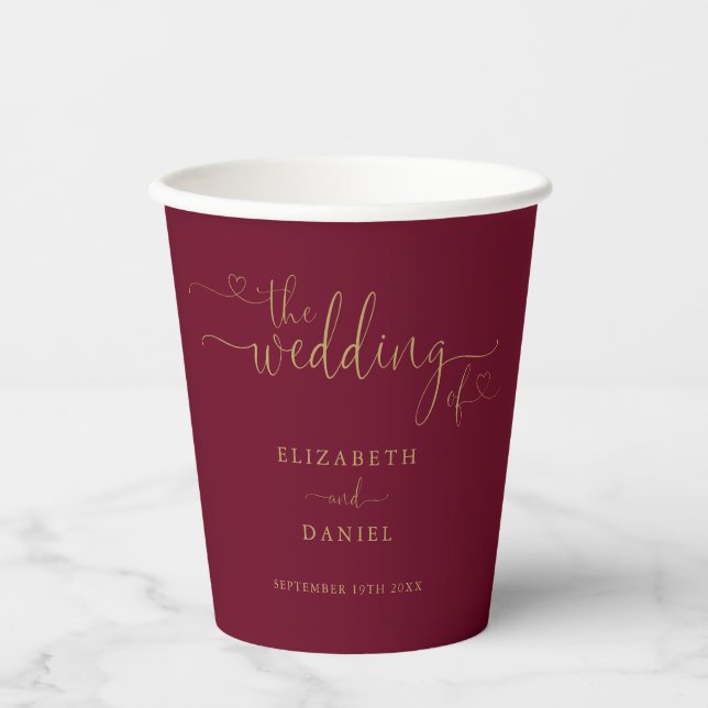 Burgundy And Gold Heart Script Wedding Paper Cups (Front)