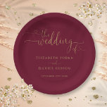 Burgundy And Gold Heart Script Wedding Paper Plate<br><div class="desc">This elegant heart script burgundy and gold wedding design can be personalised with your celebration details set in chic typography. Designed by Thisisnotme©</div>