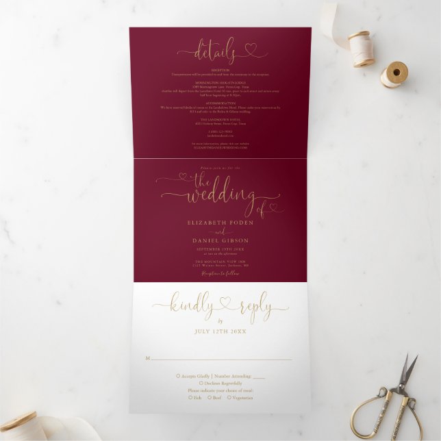 Burgundy And Gold Heart Script Wedding Tri-Fold Invitation (Inside)