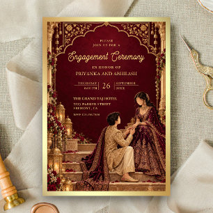 Burgundy and Gold Indian Engagement Ceremony Invitation