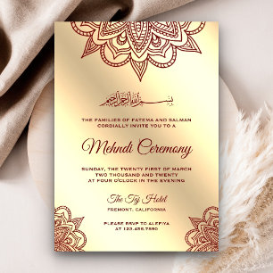 Burgundy and Gold Islamic Muslim Mehndi Ceremony Invitation