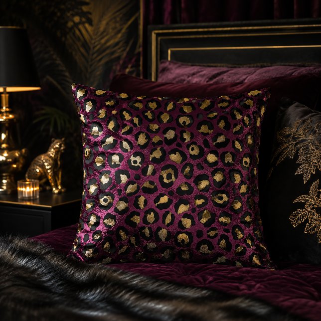 Burgundy and Gold Leopard Print Animal Pattern Cushion (Creator Uploaded)
