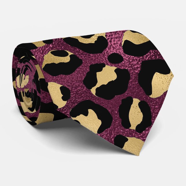 Burgundy and Gold Leopard Print Tie (Rolled)