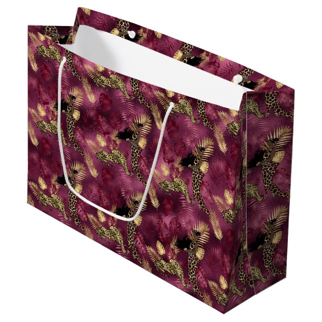 Burgundy and Gold Leopard Series Design 10 Large Gift Bag (Front Angled)