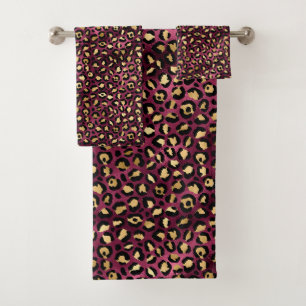 Burgundy and Gold Leopard Series Design 1 Bath Towel Set