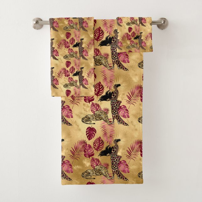 Burgundy and Gold Leopard Series Design 4 Bath Towel Set (Insitu)