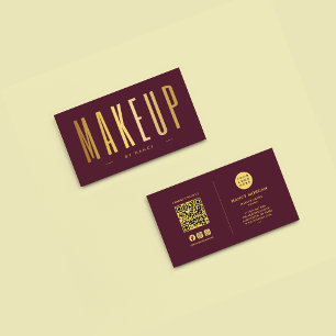Burgundy And Gold Makeup Artist QR Code & Logo  Business Card