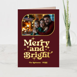 Burgundy and Gold Merry and Bright Photo Christmas Foil Holiday Card