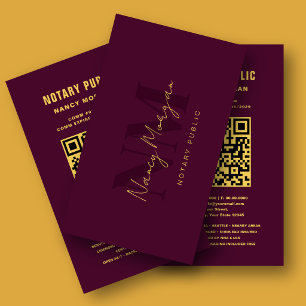 Burgundy And Gold Monogram Notary Public QR Code Business Card