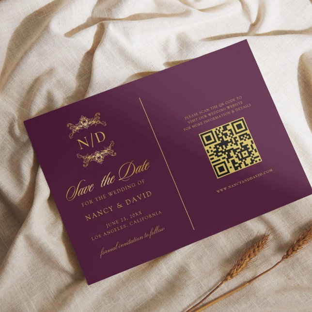 Burgundy And Gold Monogram Qr Code Wedding Save The Date (Creator Uploaded)