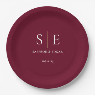 Burgundy And Gold Monogram Wedding Paper Plate