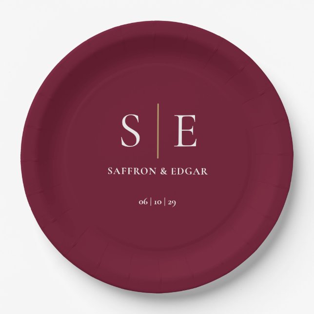 Burgundy And Gold Monogram Wedding Paper Plate (Front)