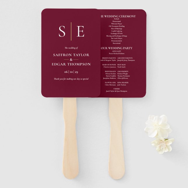Burgundy And Gold Monogram Wedding Program Hand Fan (Front and Back)