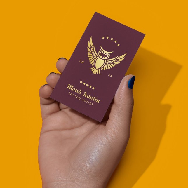Burgundy And Gold Owl Tattoo Artist Business Card (Creator Uploaded)
