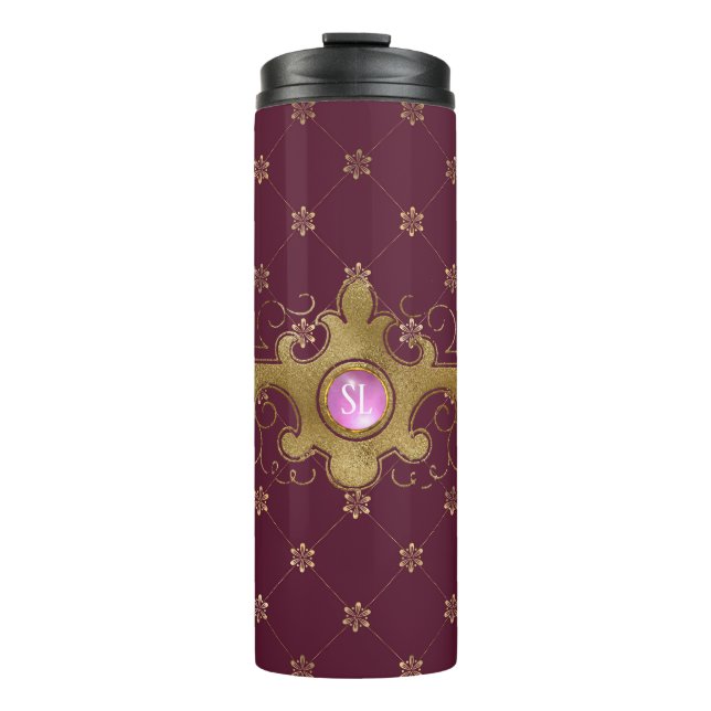 Burgundy and Gold Paris Gemstone Monogram Thermal Tumbler (Front)