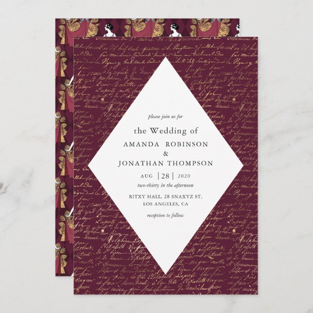Burgundy and Gold Paris Themed Calligraphy Wedding Invitation (Front/Back)