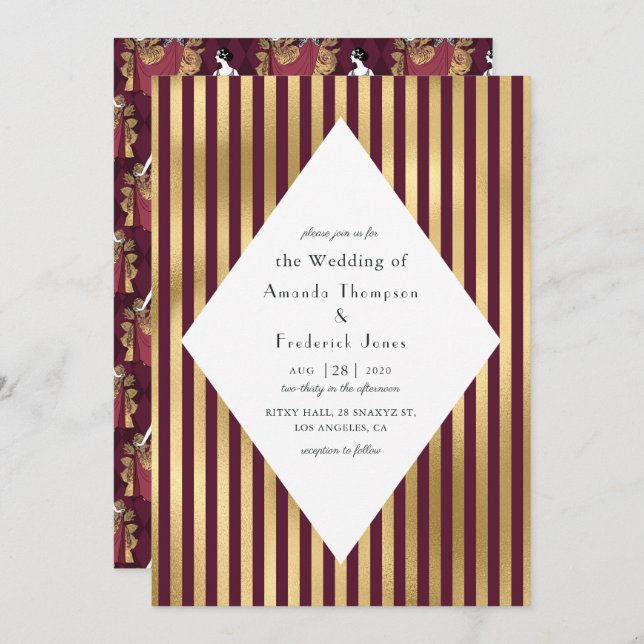 Burgundy and Gold Paris Themed Wedding Invitation (Front/Back)