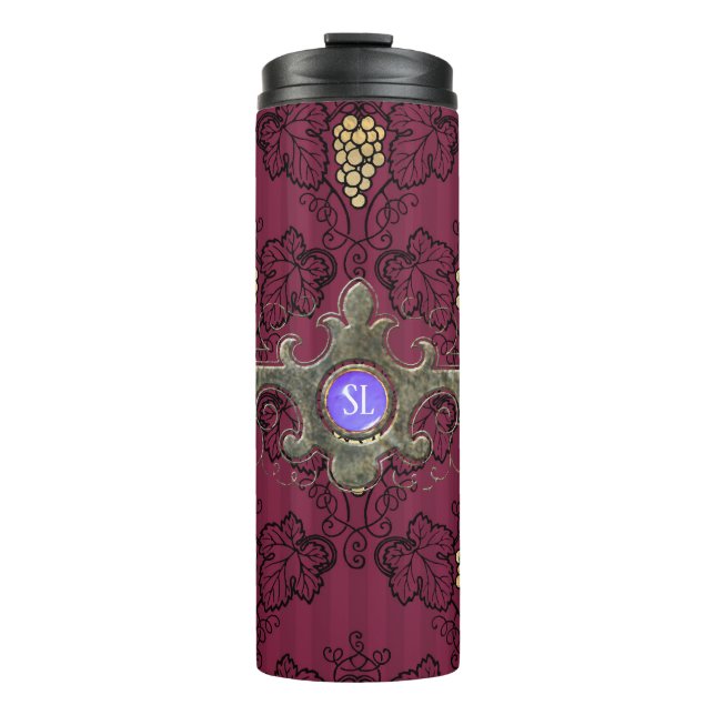 Burgundy and Gold Paris Wine Gemstone Monogram Thermal Tumbler (Front)