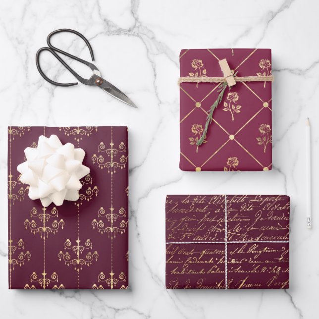 Burgundy and Gold Paris Wrapping Paper Sheet (Front)