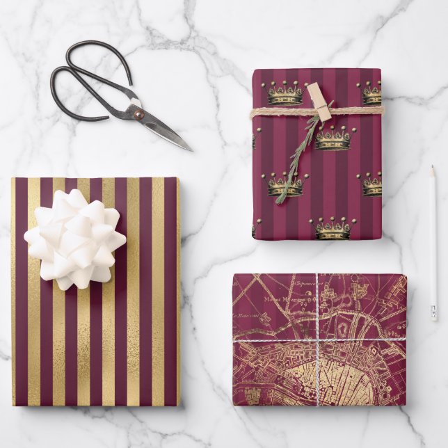 Burgundy and Gold Paris Wrapping Paper Sheet (Front)