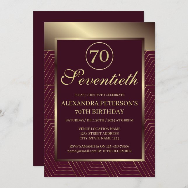 Burgundy And Gold Patterned Border Birthday Invitation (Front/Back)