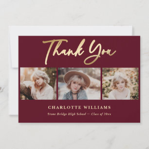 Burgundy and Gold Photo Collage Graduation Thank You Card