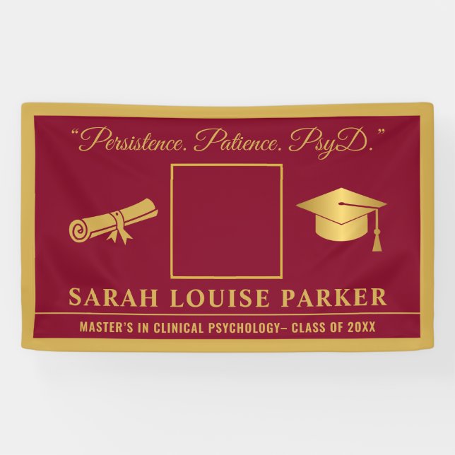 Burgundy  And Gold PsyD Quote Photo Graduation 202 Banner (Horizontal)