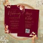 Burgundy And Gold QR Code Fall Wedding Invitation<br><div class="desc">This elegant autumn fall wedding invitation can be personalised with your information in chic typography with your wedding website details and your QR code on the reverse. Designed by Thisisnotme©</div>
