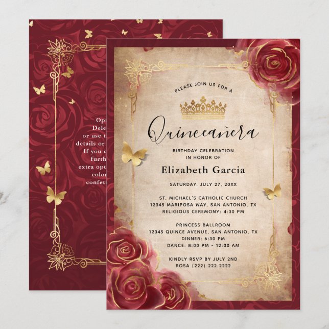 Burgundy and Gold Rose Elegant Quinceanera Invitation (Front/Back)