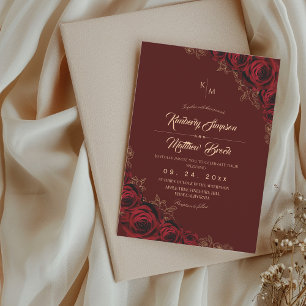 Burgundy and Gold Rose Floral Boho Wedding Invitat Invitation