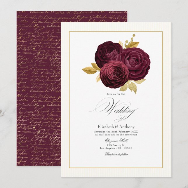 Burgundy and Gold Rose Wedding Invitation (Front/Back)