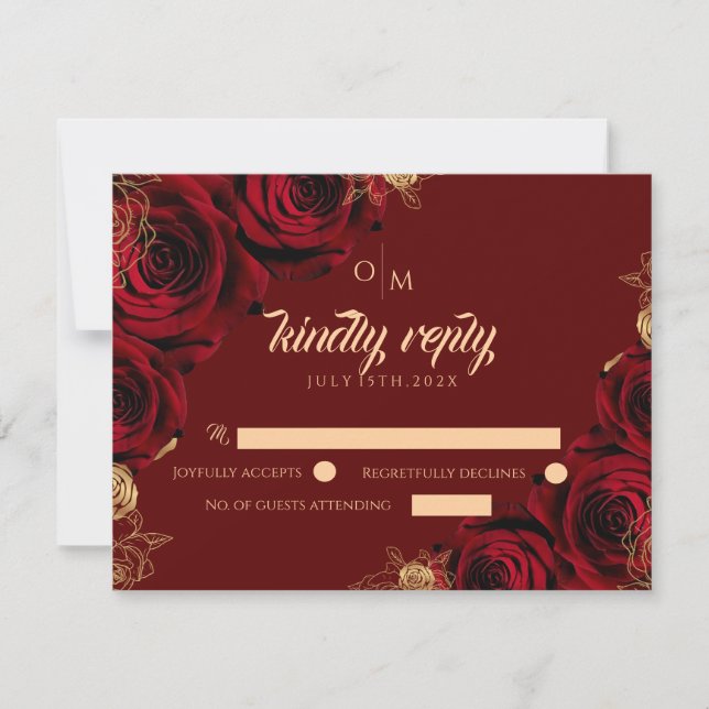 Burgundy and gold Rose Wedding Response Card (Front)