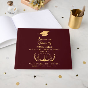 Burgundy and Gold Script bible Graduation Guest Book