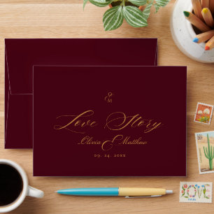Burgundy and Gold Script Boho Wedding Envelope