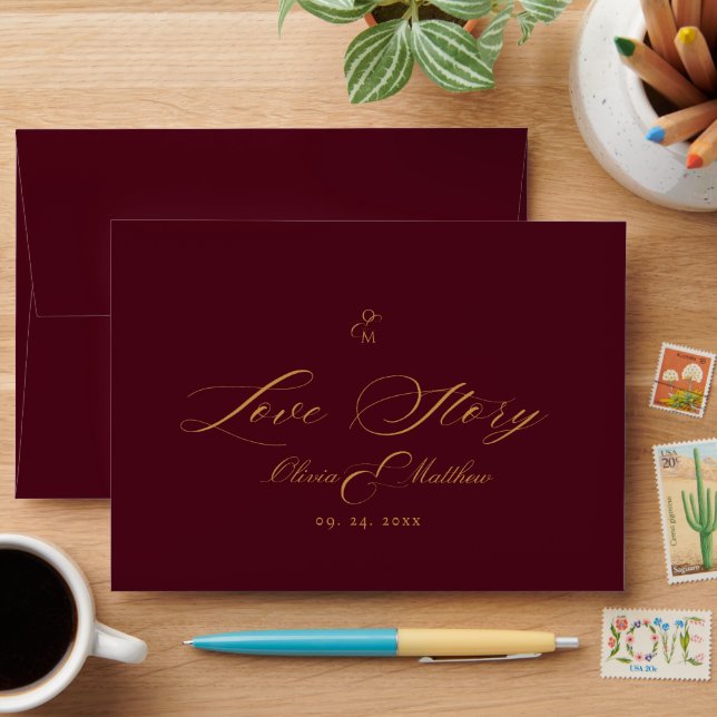 Burgundy and Gold Script Boho Wedding Envelope (Desk)