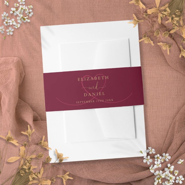 Burgundy And Gold Script Heart Wedding Invitation Belly Band (Burgundy And Gold Script Heart Wedding Invitation Belly Band)