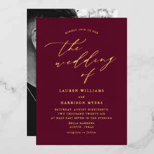 Burgundy and Gold Script Photo Wedding