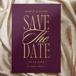 Burgundy And Gold Script Typography Wedding  Save The Date